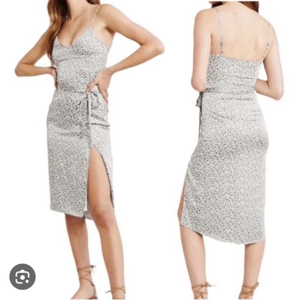 Abercrombie Satin Belted Midi Dress in Cream Leopard